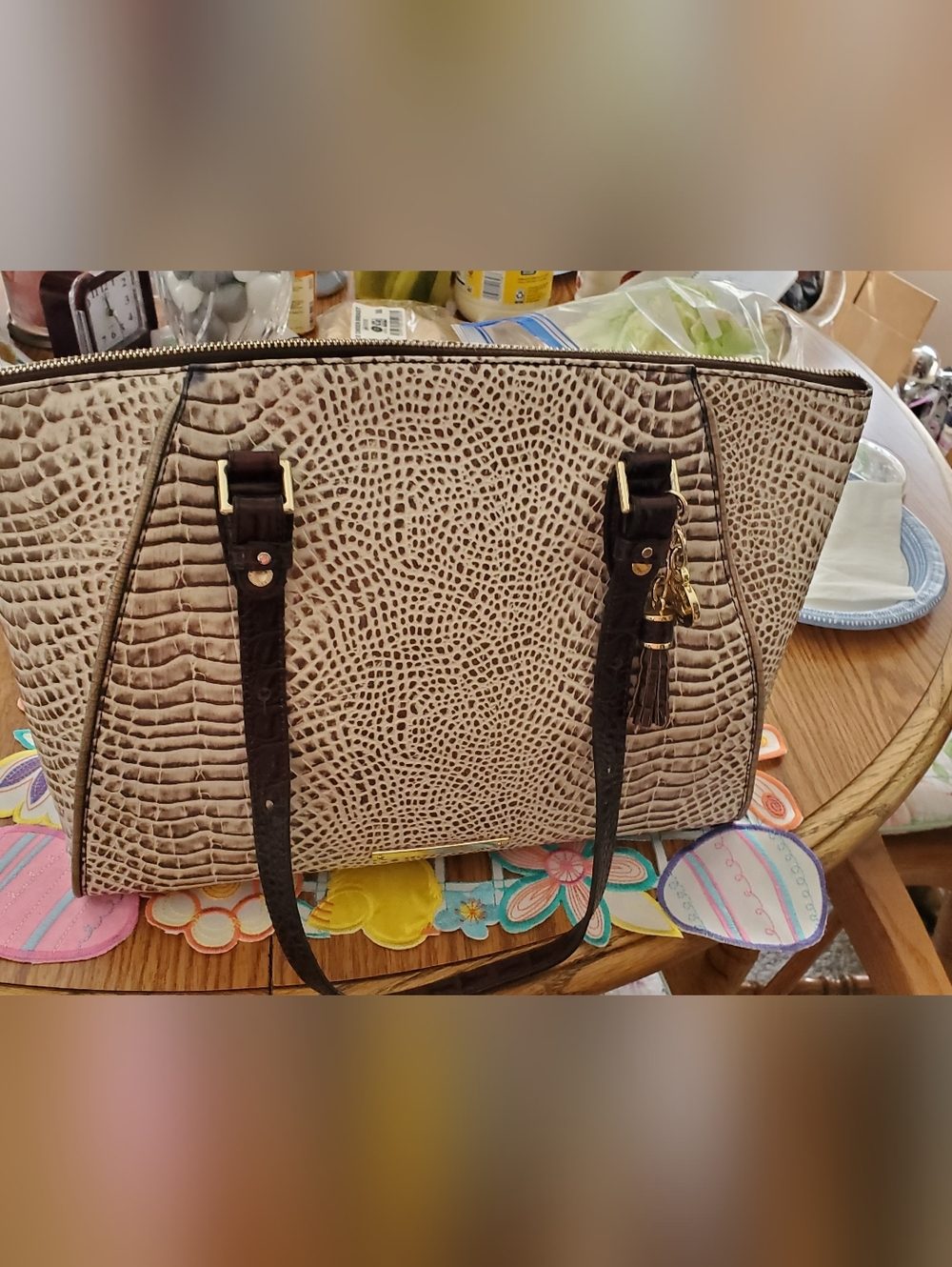 Large Brahim Textured Beige Croc Tote Bag with Dark Brown Straps.